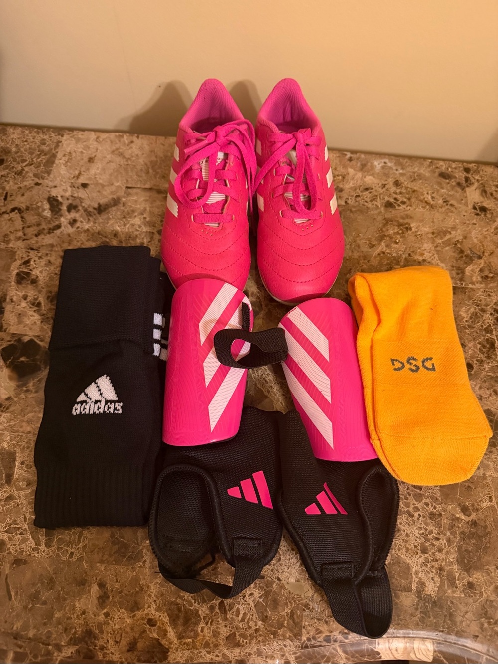 Adidas Hot Pink Youth Soccer Cleats Pink Shin Guards & Black Yellow Socks bundle